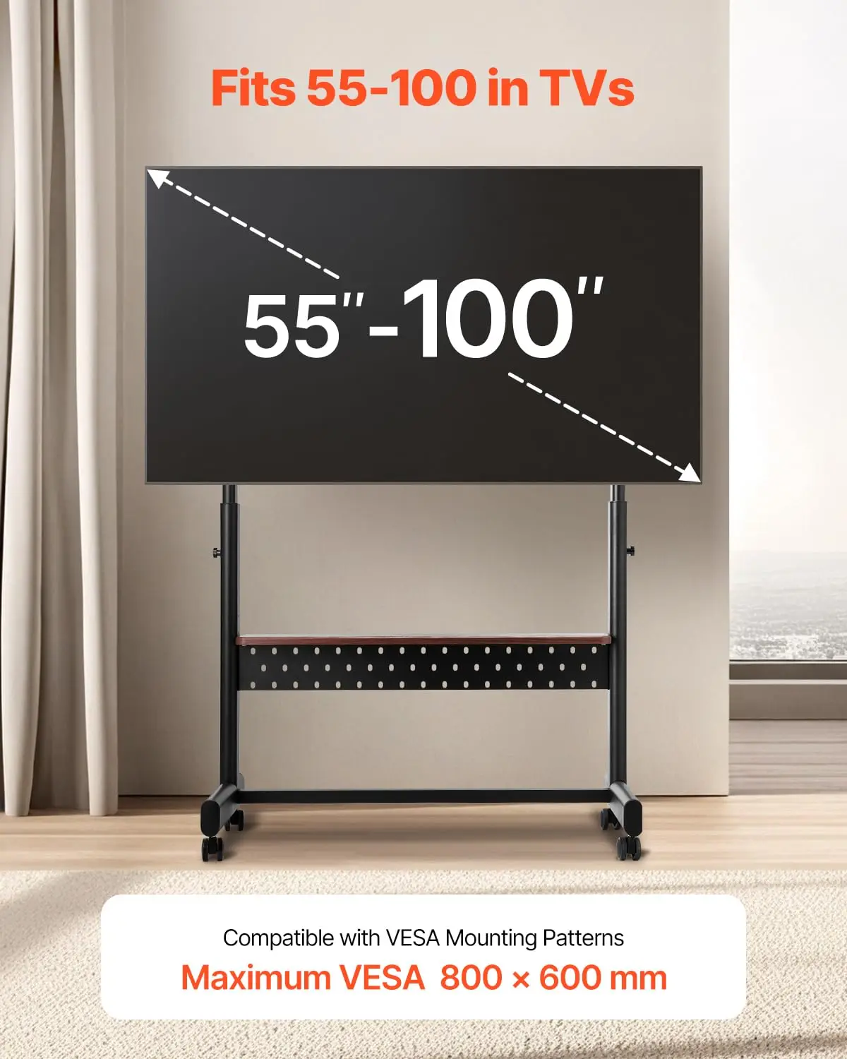 Mobile TV Stand 55-100 Inch Height Adjustable Monitor Holder Tray 205 lbs Indoor Outdoor VESA 800x600mm, Customized