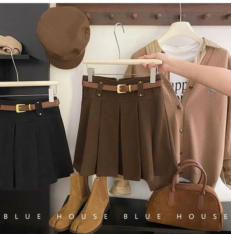 Retro Wełniana Spódnica Damska Modna Casualowa Uniwersalna Z Wysokim Stanem Rozkloszowana Plisowana dla Seksownych Kobiet