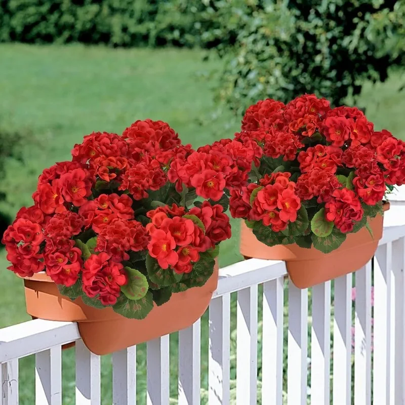 14in Artificial Geraniums Red Faux Flowers Silk Bouquet DIY Bushes for Outdoor Planters Porch Patio Home Wedding Fountain Decor