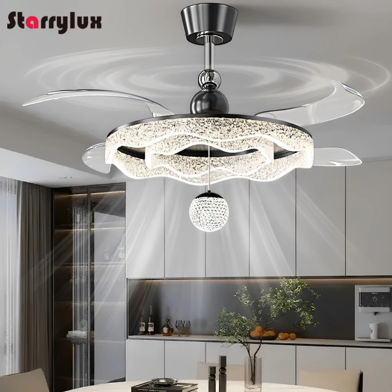 

2-in-1 Italian Invisible Ceiling Fan Light, Luxury Motor Silent Fan ,Chandelier with LED Light for Bedroom Dining Room