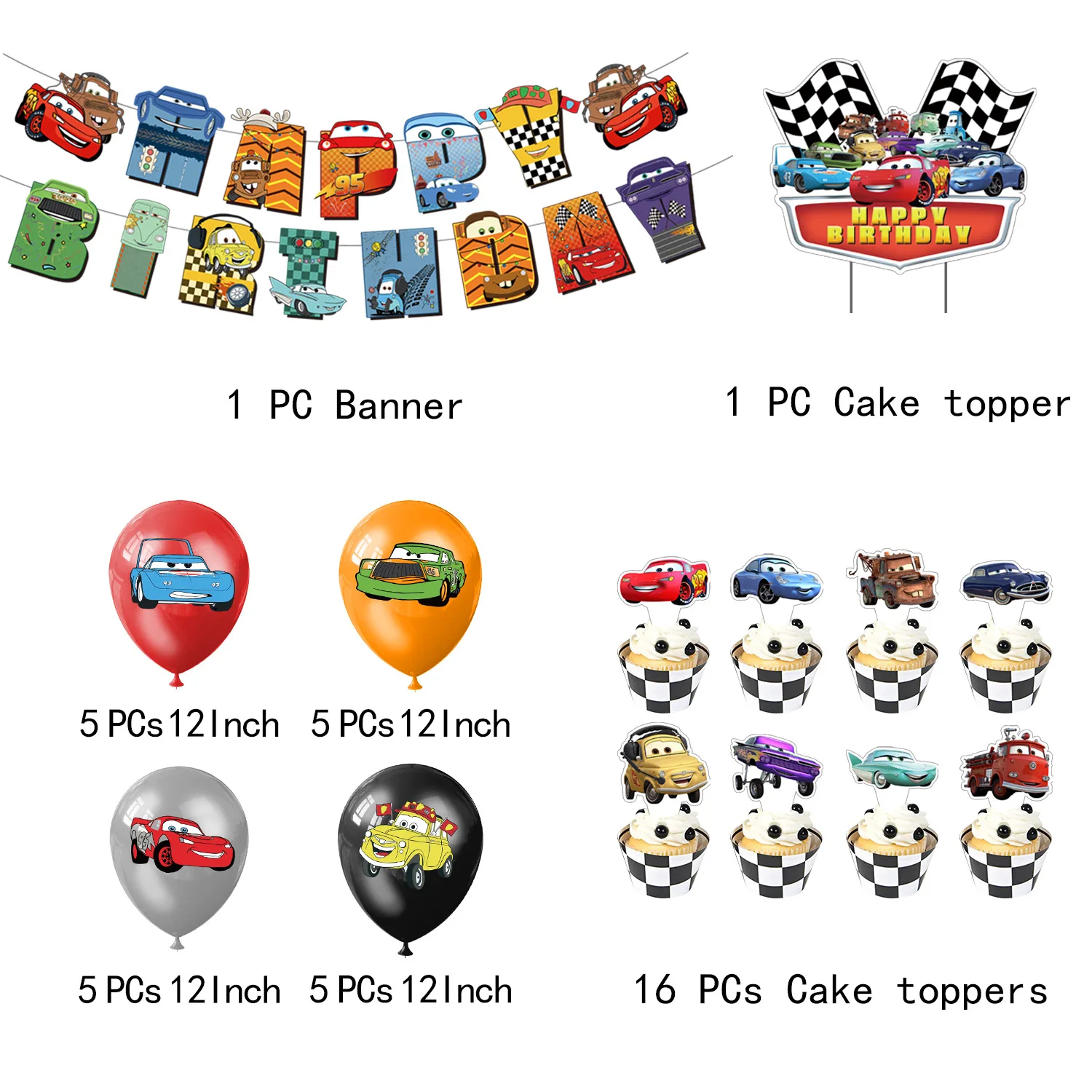 Disney Cars Theme Lightning Mcqueen Car Anime Figure Party Taleware Banner Cake Insert Party Supplies Air Globos Decoration Gift