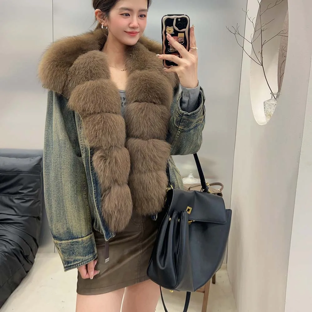 ملابس الخريف النسائية الجديدة معطف طويل الأكمام سترات الدنيم مع ياقة فرو الثعلب الحقيقي