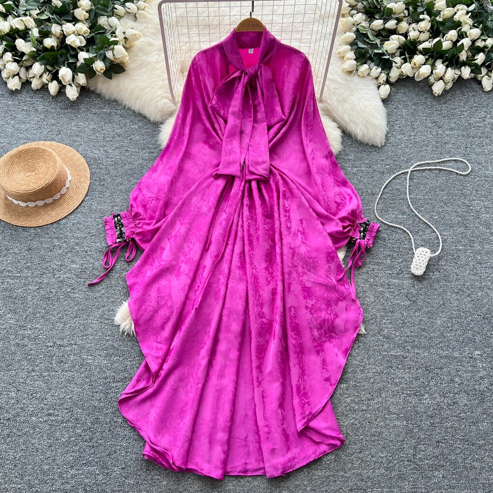Chic vintage satin long sleeve asymmetrical Elegant Fairy korean fashion Boho Sundress women clothing Long dress