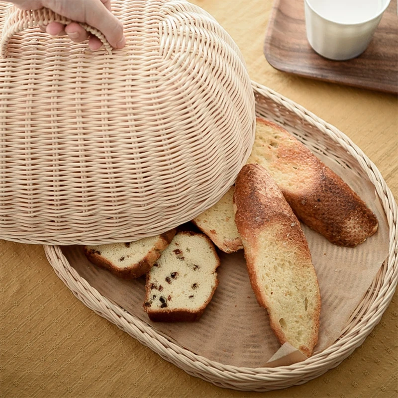 Handwoven Rattan Bread Basket Food Fruit Vegetables Serving Baskets with Dust Proof Cover Pantry Organizer for Kitchen