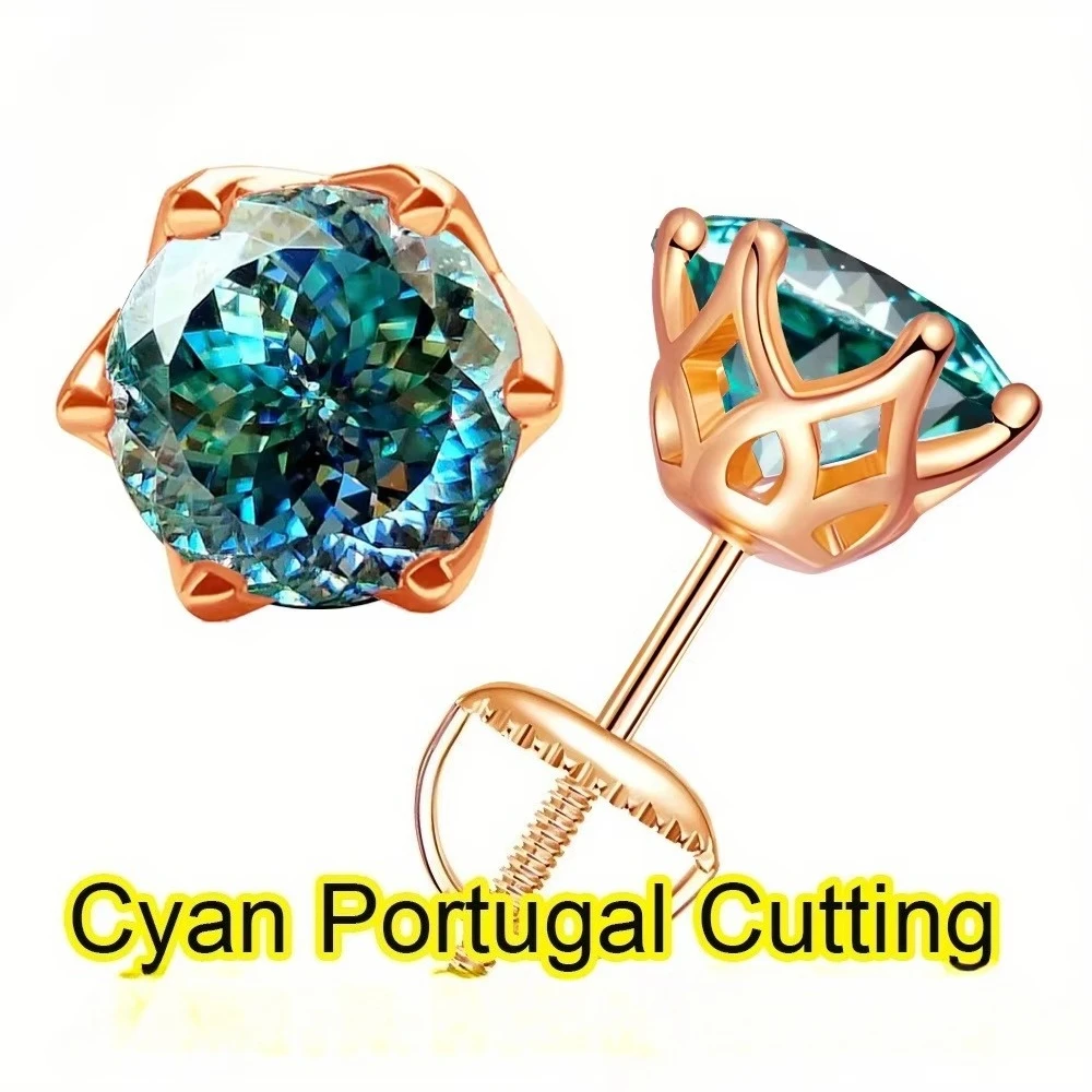 100% moissanite 925 Sterling Silver cyan color 6.5mm round Portuguese Cut  green diamond Gemstone Ear Studs Earrings Jewelry