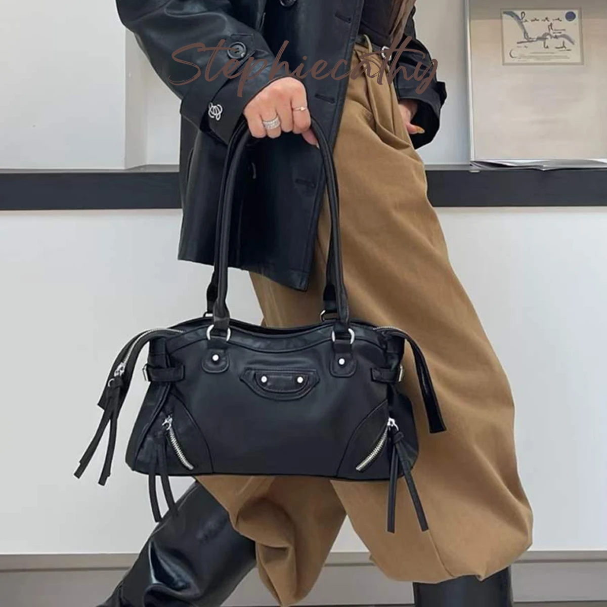 SC Fashion Motorcycle Bag Women City PU Leather Tote Bag Y2K Classic Street Style Shoulder Bag Vintage Distressed Crossbody Bag