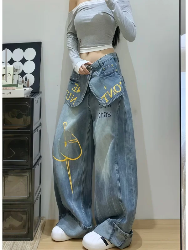 

American Retro Printed Lettering Butt Curtain Women's Spring Summer New Style Fake Two-Piece One-Piece Skirt Pants Jeans