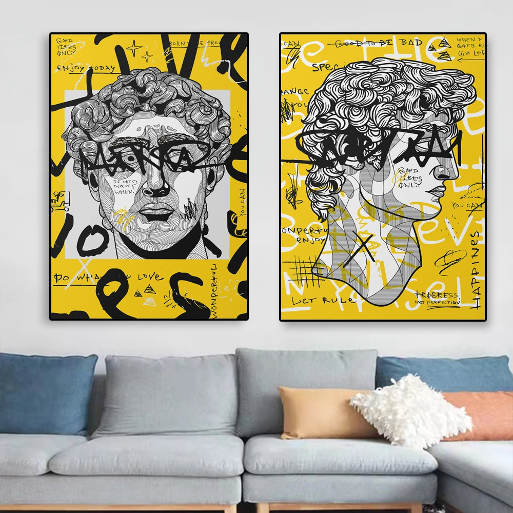 

Michelangelo David Graffiti Wall Art Print Sculpture Poster For Living Room Wall Art Decor Canvas Painting Yellow David Pop Art