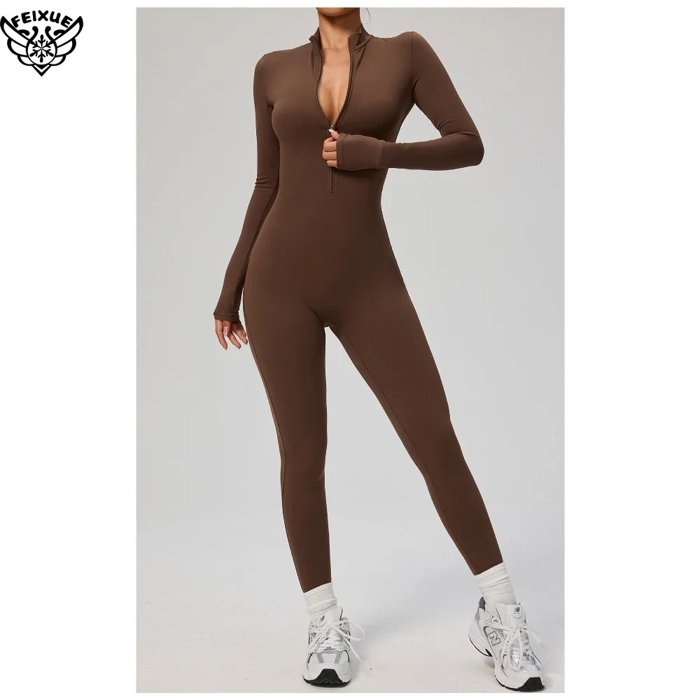 بدلة اليوغا المرجل بأكمام طويلة ملابس رياضية نسائية الصالة الرياضية سستة حللا تجريب عالية الكثافة اللياقة البدنية قطعة واحدة ملابس ضيقة الجلد