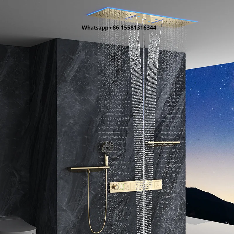 Bathroom All-copper Thermostatic Concealed Shower Set Hot-melt Embedded Wall Mount Waterfall Brushed Smart Shower for Apartment