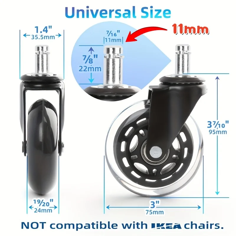 5PCS Office Chair Caster Wheels Universal Fit 11mm Stem 360° Swivel Rubber Caster Wheel  Furniture Hardware Replacement Rollers