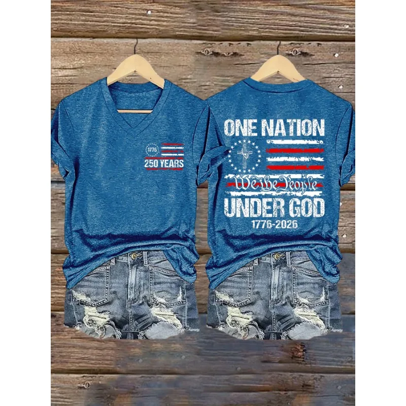 250 Years of Freedom 1776 Festival Under God Women's  Print T-Shirts Summer O Neck Tops Short Sleeve Casual Tees  Us Flag