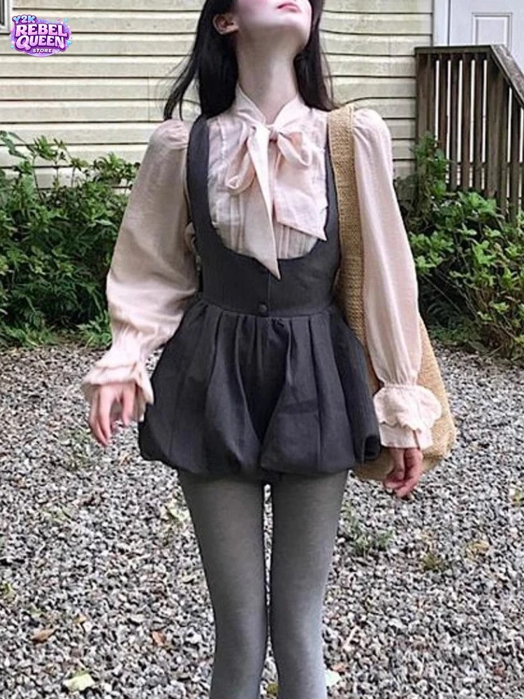 

Vintage Sweet Y2K 2 Piece Set Women Loose Fit Bow Shirt + Waist Cinched Suspender Pants Korean Fashion Popular Casual Outfit