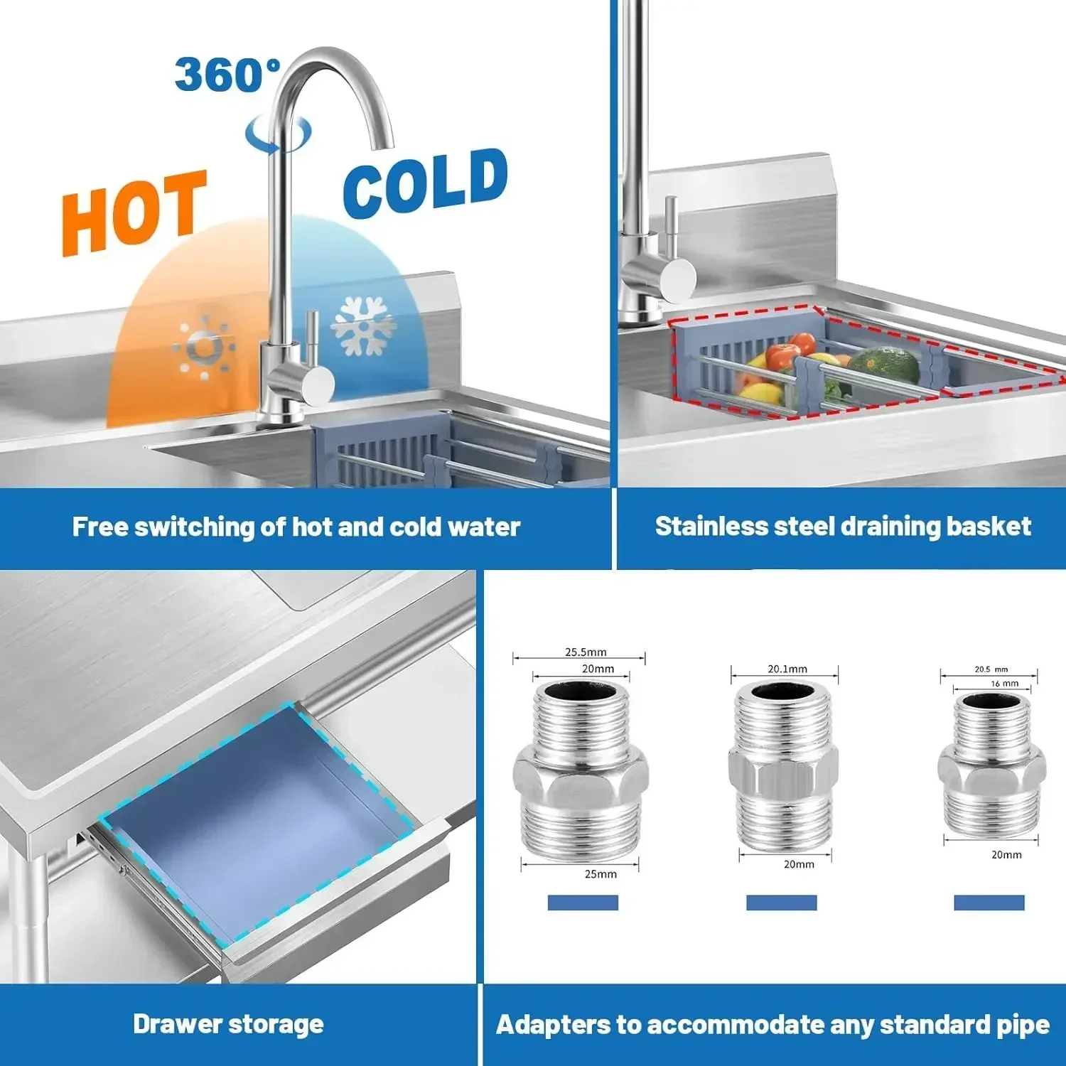 Activity price Free Standing Single Bowl Stainless Steel Utility Sink Commercial Kitchen Sink With Drawer Cold And Hot Water