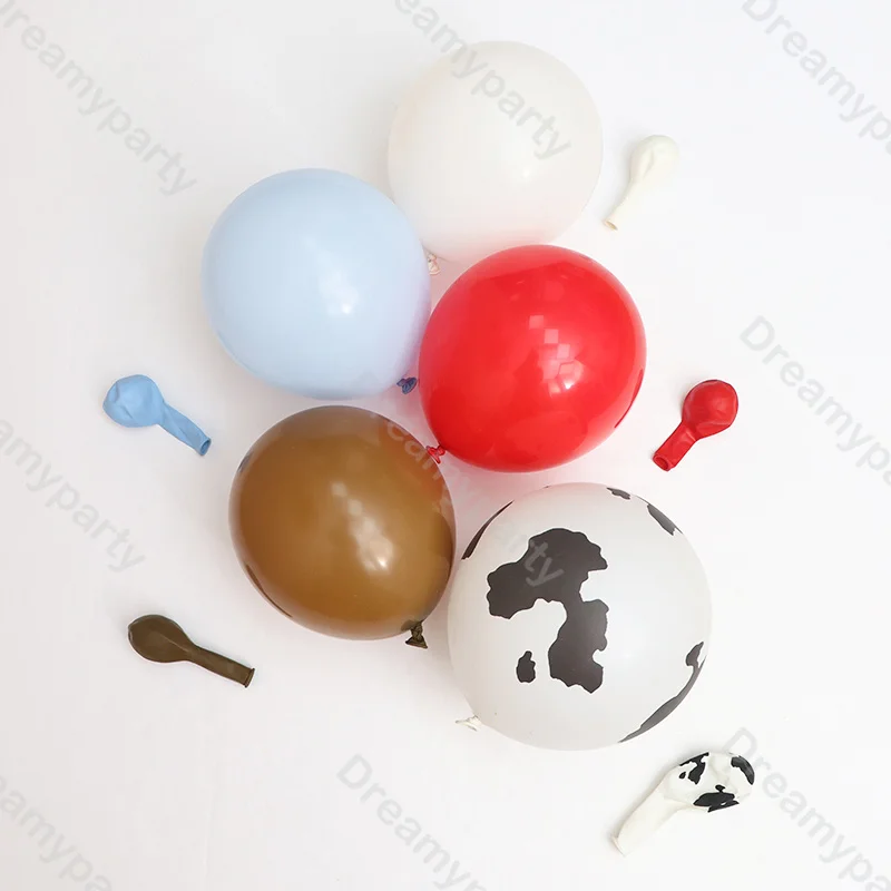 Kit de 40 Globos con Temática de Vaca para Armar una Guirnalda, Globos Rojos, Azules y Caramelo, Decoración para Baby Shower, Cumpleaños Infantiles y Fiestas de Granja