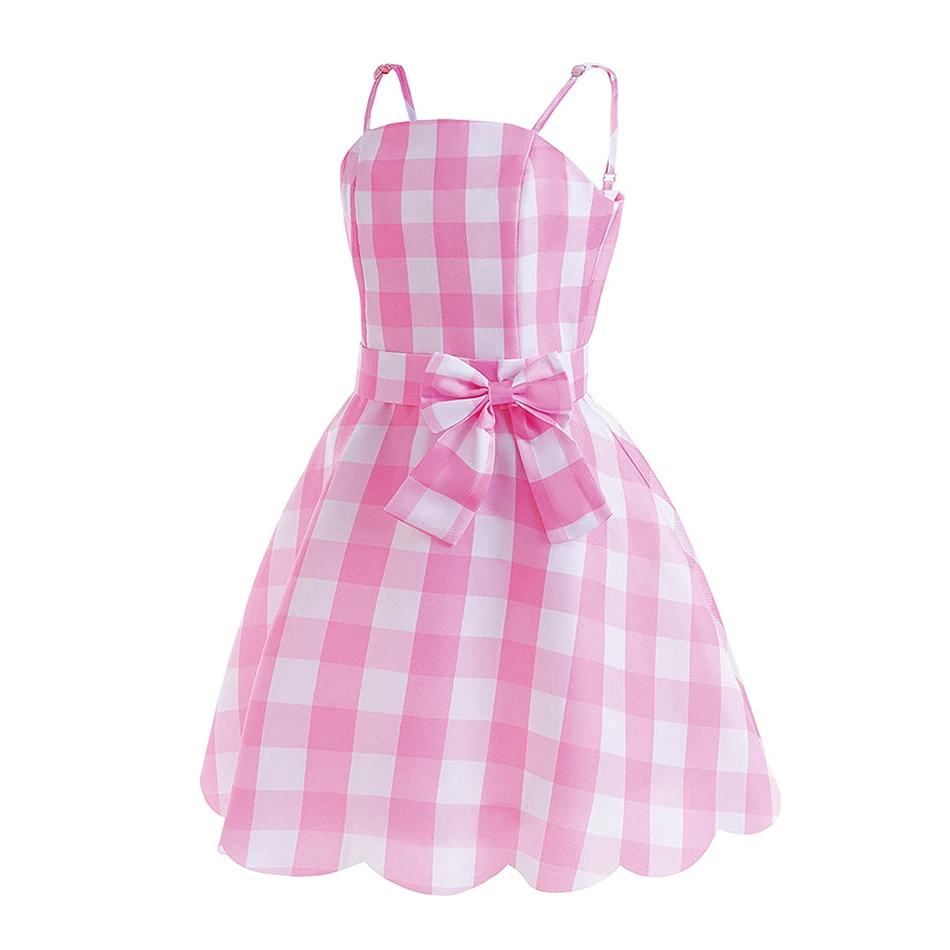 Girls Sweet Pink Plaid Slip Dress Children Movie Cosplay Bow Frocks Kids Birthday Carnival Clothes Summer Holiday Event Vestidos