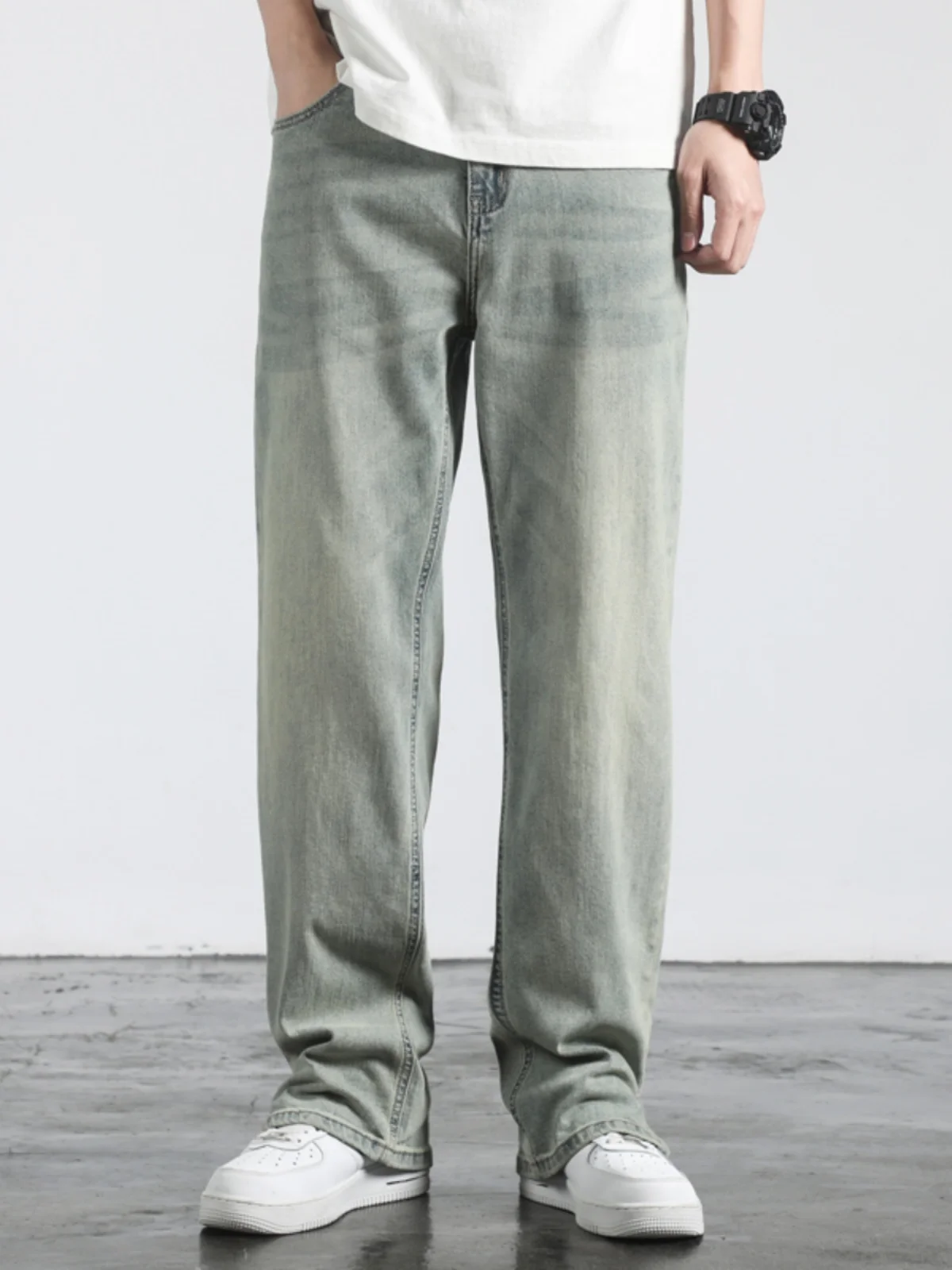 

Летние тонкие повседневные свободные мужские джинсы прямого кроя с эффектом выцветания, в американском стиле, с эффектом потертости, длинные брюки для отдыха