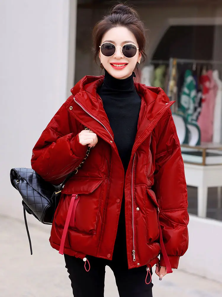 glossy Down Cotton Jacket Thick Warm Hooded Puffer Jacket Women Long Sleeve Parka Oversized Korean Coat Black Red Green Blue