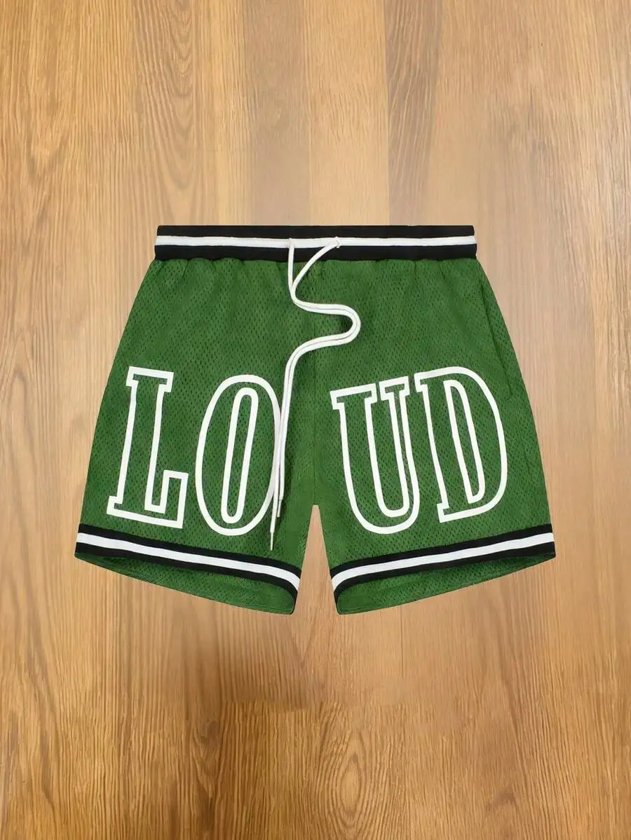 

Mens Green Mesh Shorts With Bold Letter Print Casual Sportswear