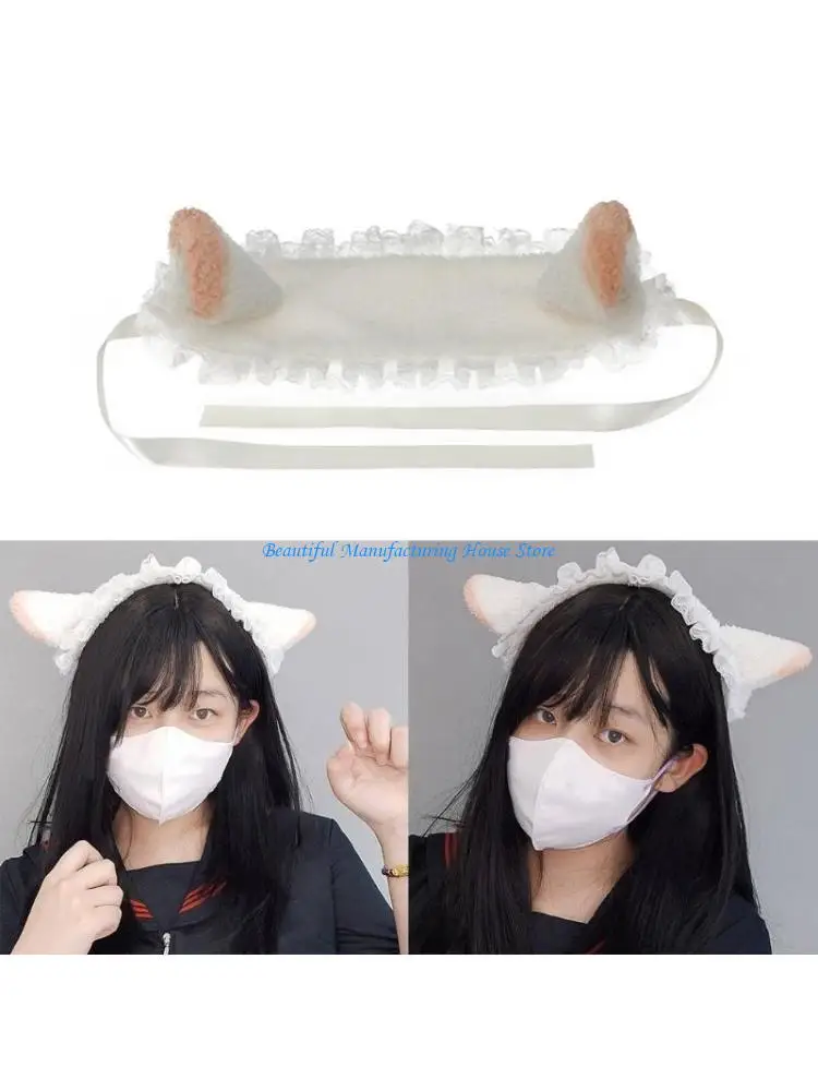 

E56A Карнавалы Плюшевые обручи для волос в форме ушей ягненка для взрослых Плиссированные кружевные повязки на голову белого