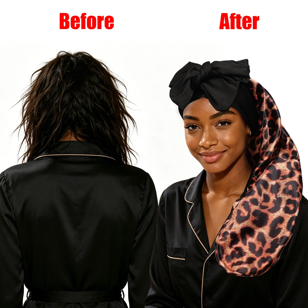 Ladies Leopard Print Satin Sleep Cap with Elastic Hairband Lightweight Long Night Hat for Women's Braids No Pull Hair