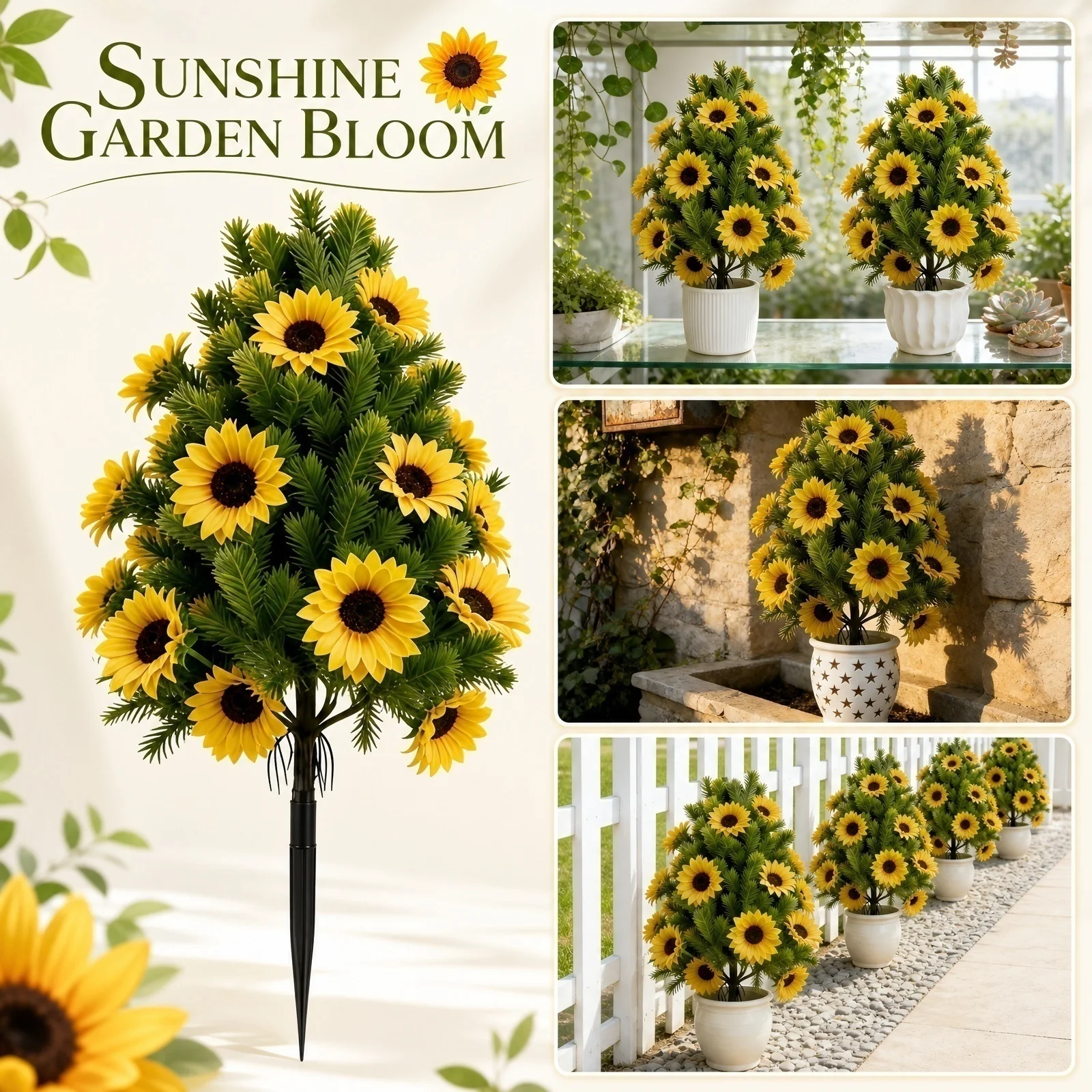 Artificial Sunflower Tree Garden Stake Simulation Sunflower Fake Floral Pine Tree Ground Stake Outdoor Yard Lawn Landscape Decor