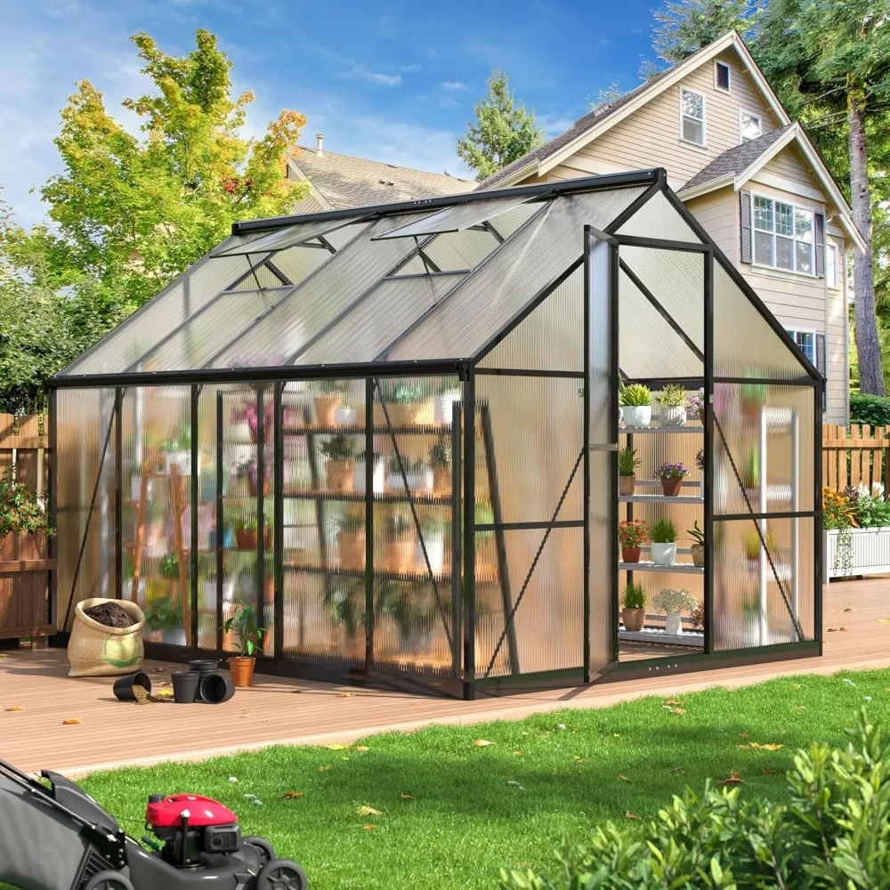 

Polycarbonate Greenhouse, Greenhouses with Quick Setup Structure and Roof Vent, Aluminum Large Walk-in Greenhouse , Black8x10 FT