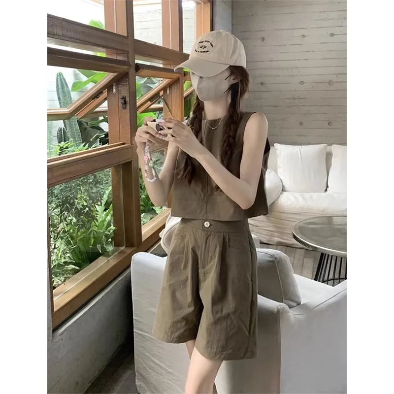 

Sweet Girl Suit Women's Summer Slim Short Sleeveless Top High Waist Wide Leg Shorts Two-piece Set Fashion Female Clothes