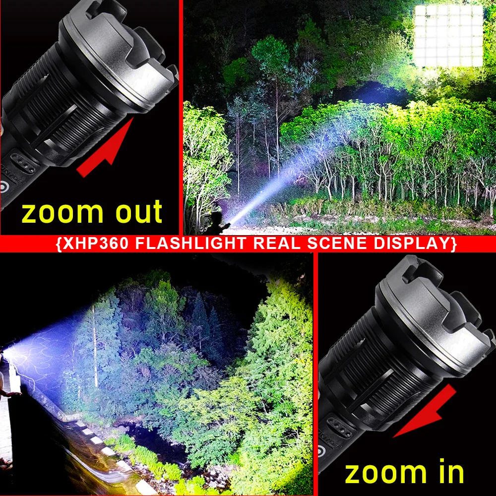 2024 Brightest XHP360 Led Flashlight Rechargeable Torch Usb Powerful Tactical Flash Light Hunting Lantern Waterproof Hand Lamp