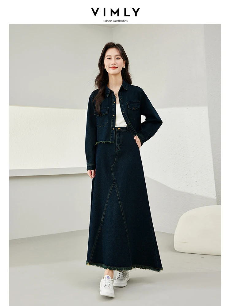 

Vimly Ретро Модный комплект с длинной джинсовой юбкой 2024, весенний новый комплект из 2 предметов, женская одежда, укороченная куртка с кисточками, макси-юбки 72688