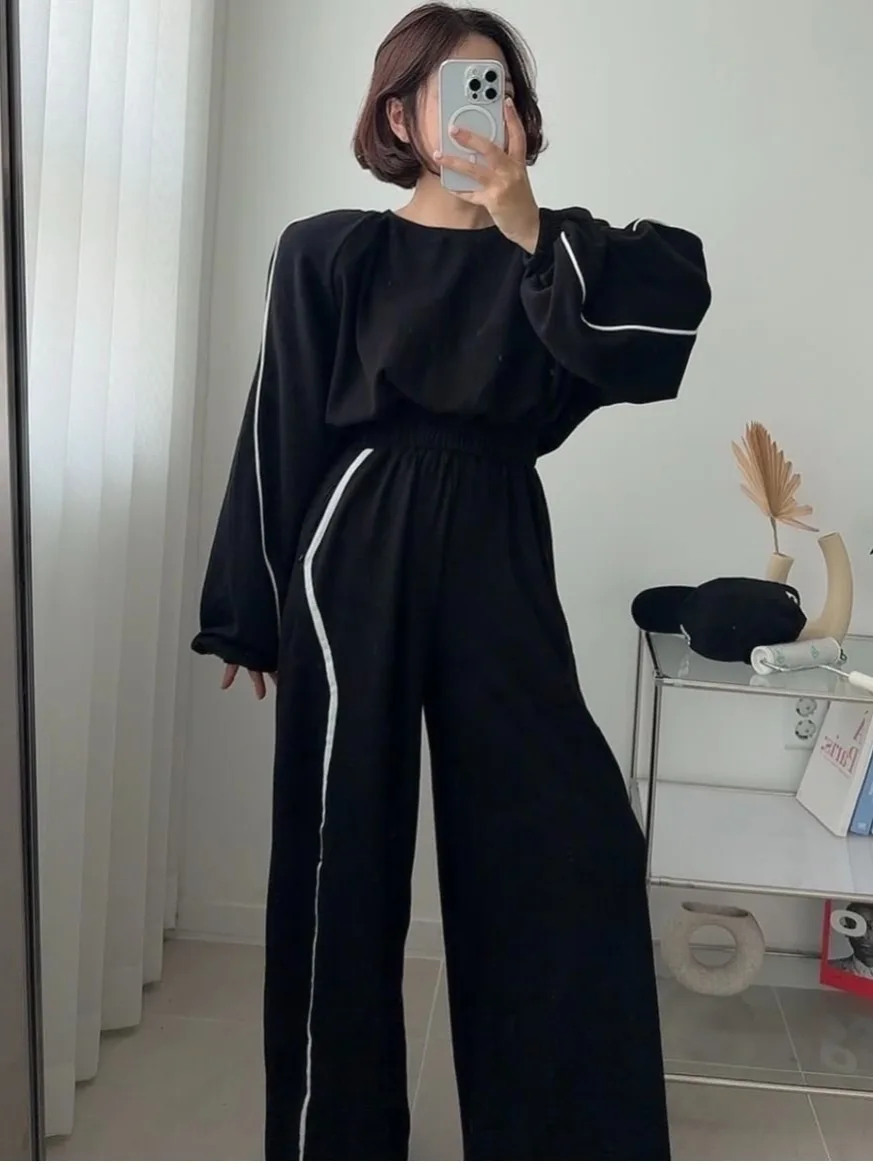 

Chic Korean Sle Casual Loose Wide Leg Pants Two Piece Set Women's Faionable Sweatirt Top And Bot Autumn Winter