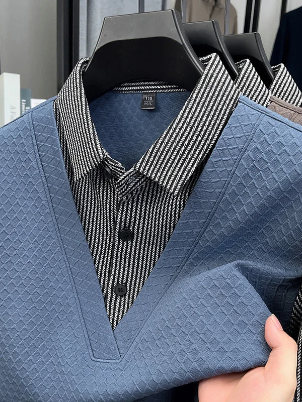 

Casual Striped irt Collar Knitted Sweater Fake Two-Piece Men's Faion Mid-Young Spring Autumn Top Medium Softn Regular ...