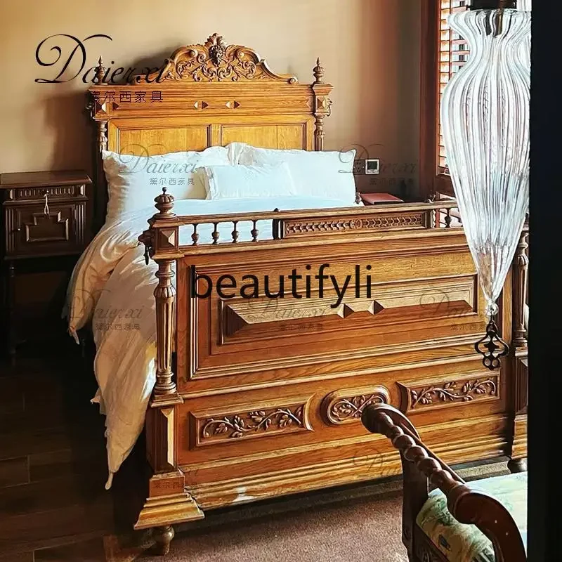 A71 American Retro Solid Wood Bed/Wabi-Sabi Style Carved Double Bed/Pastoral Style Vintage Master Bedroom Custom Large Bed