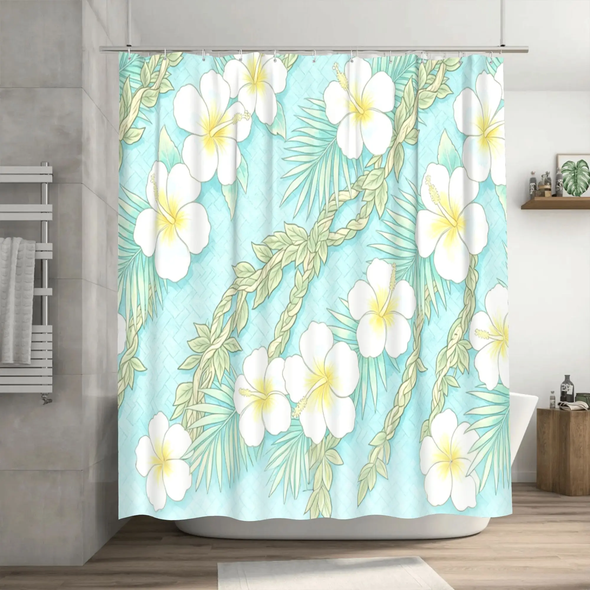 Tropical Floral Shower Curtain Waterproof Botanical Design Plumeria Flower Print for Bathroom Decor Home Spa Tropical Resort Acc
