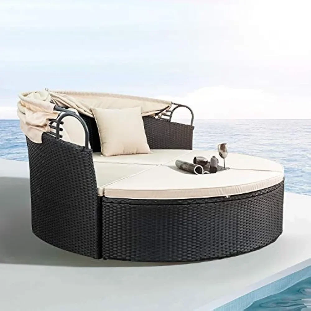 Sofá cama redondo para exteriores con dosel retráctil, asiento divisorio de mimbre, sofá seccional para terraza, césped, jardín, patio trasero y porche