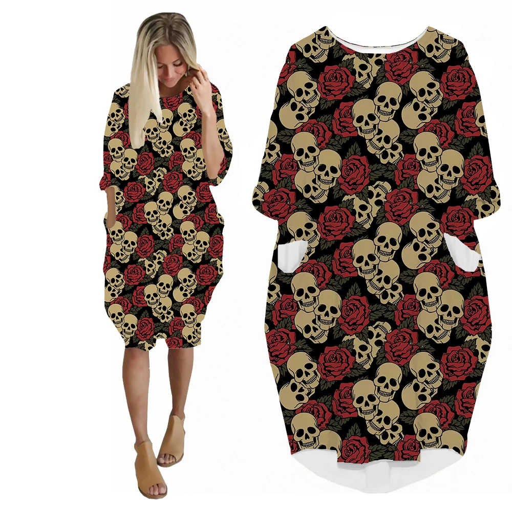 SONSPEE Latest Horror Style Rose Skull Graphic Women's Dress 3D Print Evil Skull Pocket Skirt Lady Casual Loose All-match Gown