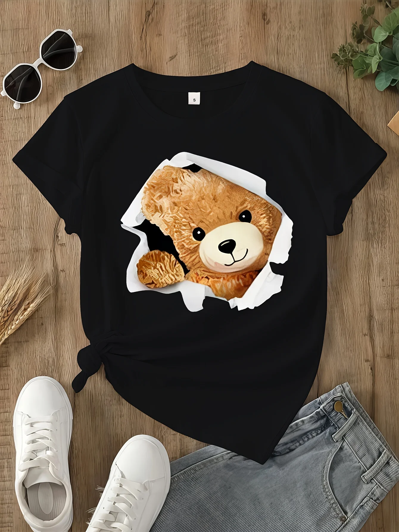 

Bear Print Crew Neck T-Shirt Casual Sleeve Top for Spring & Summer Women's Clothing Harajuku Sleeve Casual Harajuku Streetwear