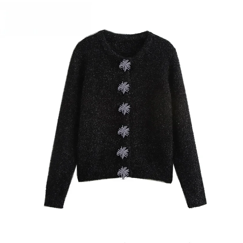 Kiss Women's Long Sleeve Knitted Sweater Metal Line Bead Decorated Open Cardigan Loose Fit Comfortable Polyester Fiber