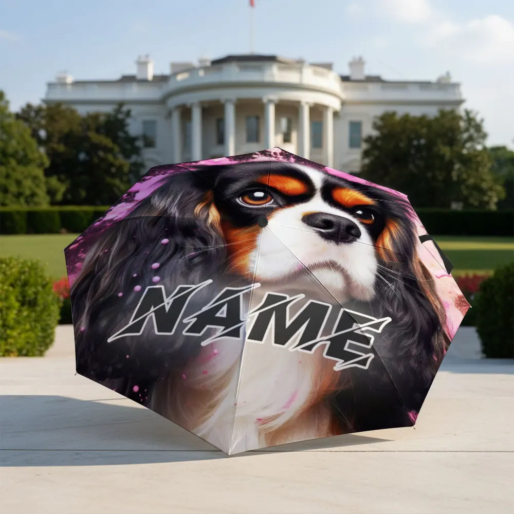 Custom Name Umbrella Cavalier Dog Portrait With Pink Paint Splash Print Compact Folding Travel Parasol Pet Animal Themed Gift