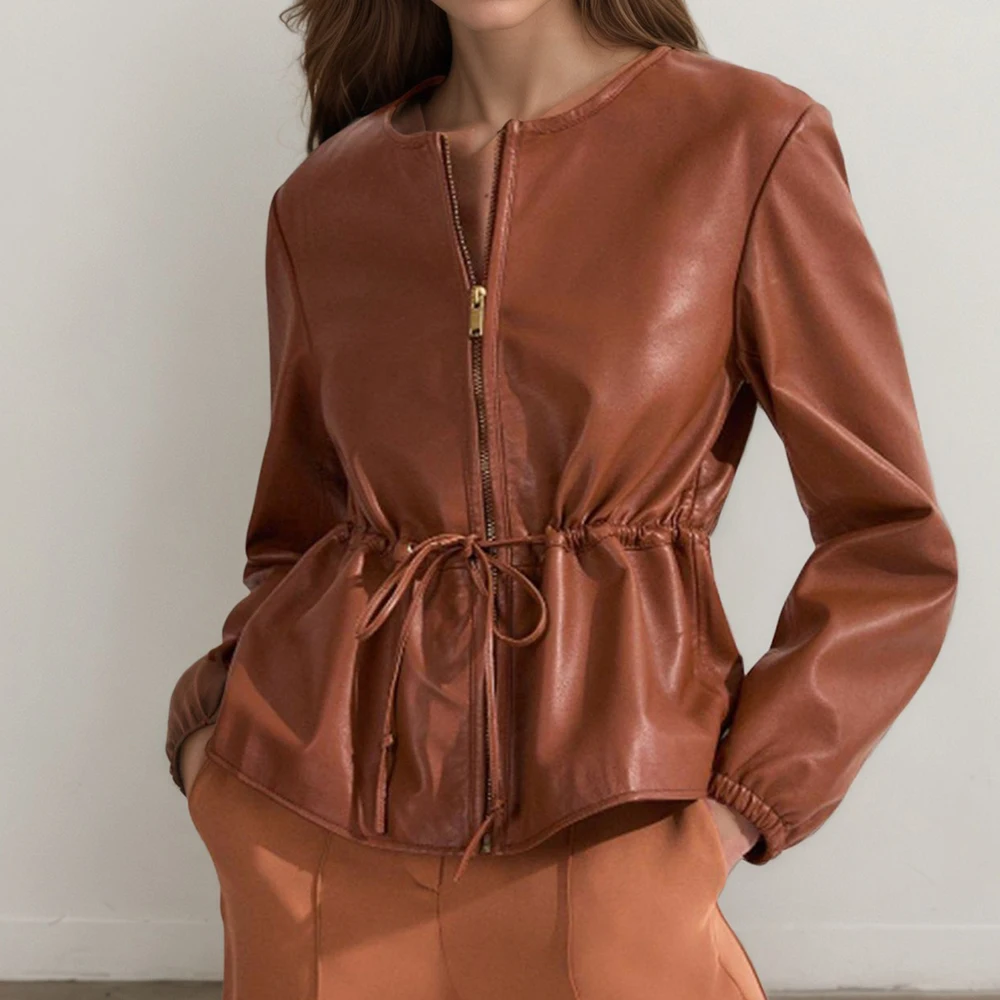 

European American Fashion Brown Leather Jacket round Neck Drawstring Pleated Waist Slimming Versatile Long-Sleeved Short Coat