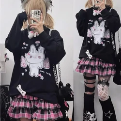 Y2k Aesthetic Cartoon Bunny Print Hoodies Harajuku Women Loose Black Drawstring Coat Gothic Grunge Pocket Streetwear Sweatshirts