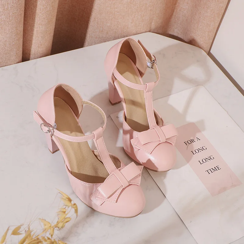 

T-Strap Women High Heels Mary Jane Pumps Party Wedding Bow Princess Hollow Sandals Ladies Summer Shoes Size 34-43 WSH5250