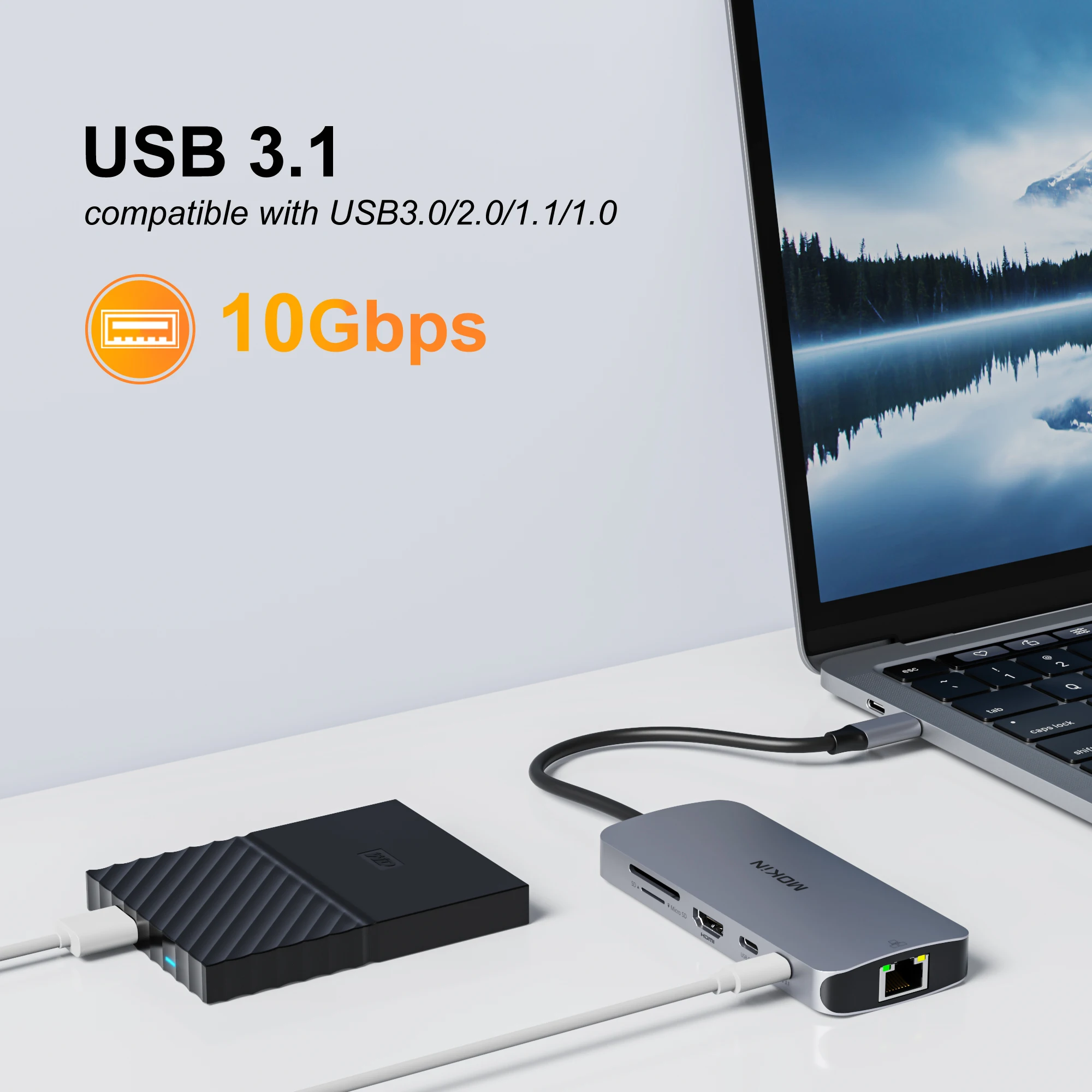 MOKiN 9 in 1 Adapter Type C to USB HDMI 4K@60Hz USB Hub to USB-C 3.0 USB-A 3.1 RJ45 SD/TF for MacBook Air/Pro iPad USB Splitter