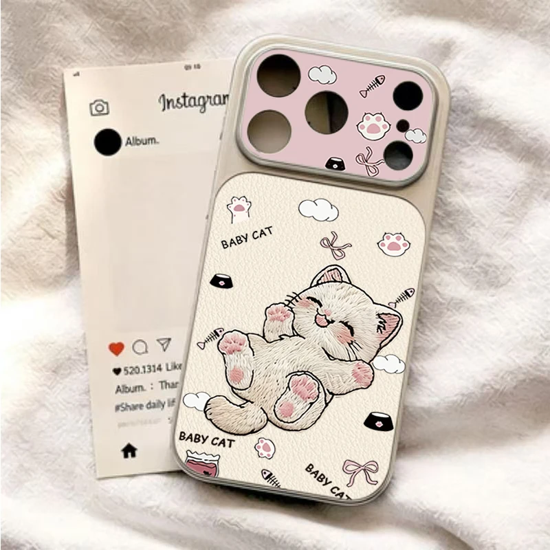 Funda para iPhone 17 Cases iPhone 16 Pro Max Funda Linda con Gato Bordado para iPhone 15 14 Plus 13 12 11 16E 17E 17 5