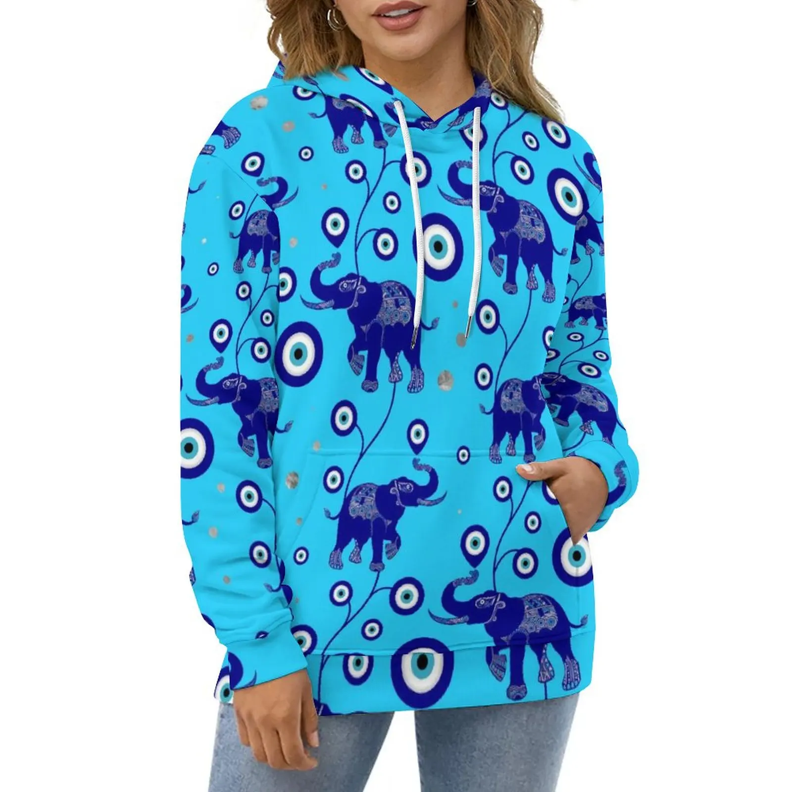 Elephant Charm Hoodies Evil Eye Print Hip Hop Casual Hoodie Long Sleeve Funny Graphic Hooded Sweatshirts Big Size 5XL 6XL