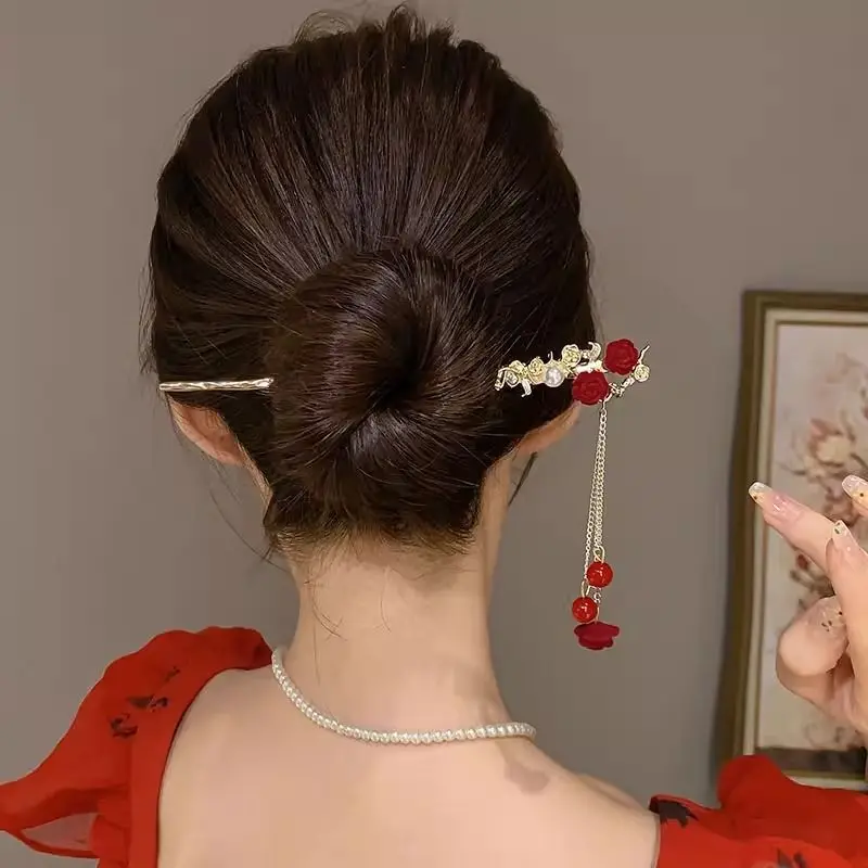 

Fashion Handmade Flower Hair Clips for Valentine Day Romantic Rose Chinese Style Tassel Hair Clip Women's Headwear Hair Stick