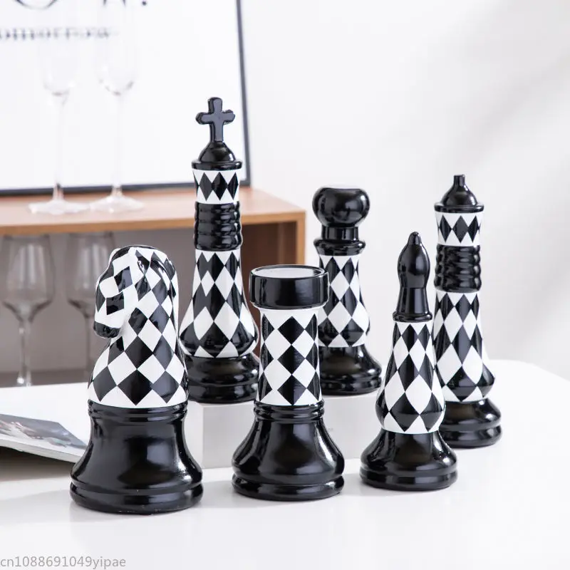 

European Ceramic Black and White Grid Chess Display Piece Creative Home Tabletop Decoration Set