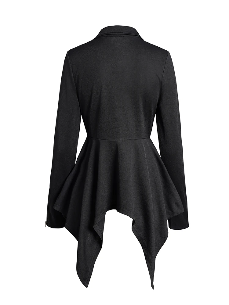 2024 Women Gothic Coat Tops O Ring Zip Up Asymmetrical Hem Punk Coat Solid Color Mock Button Handkerchief Coat