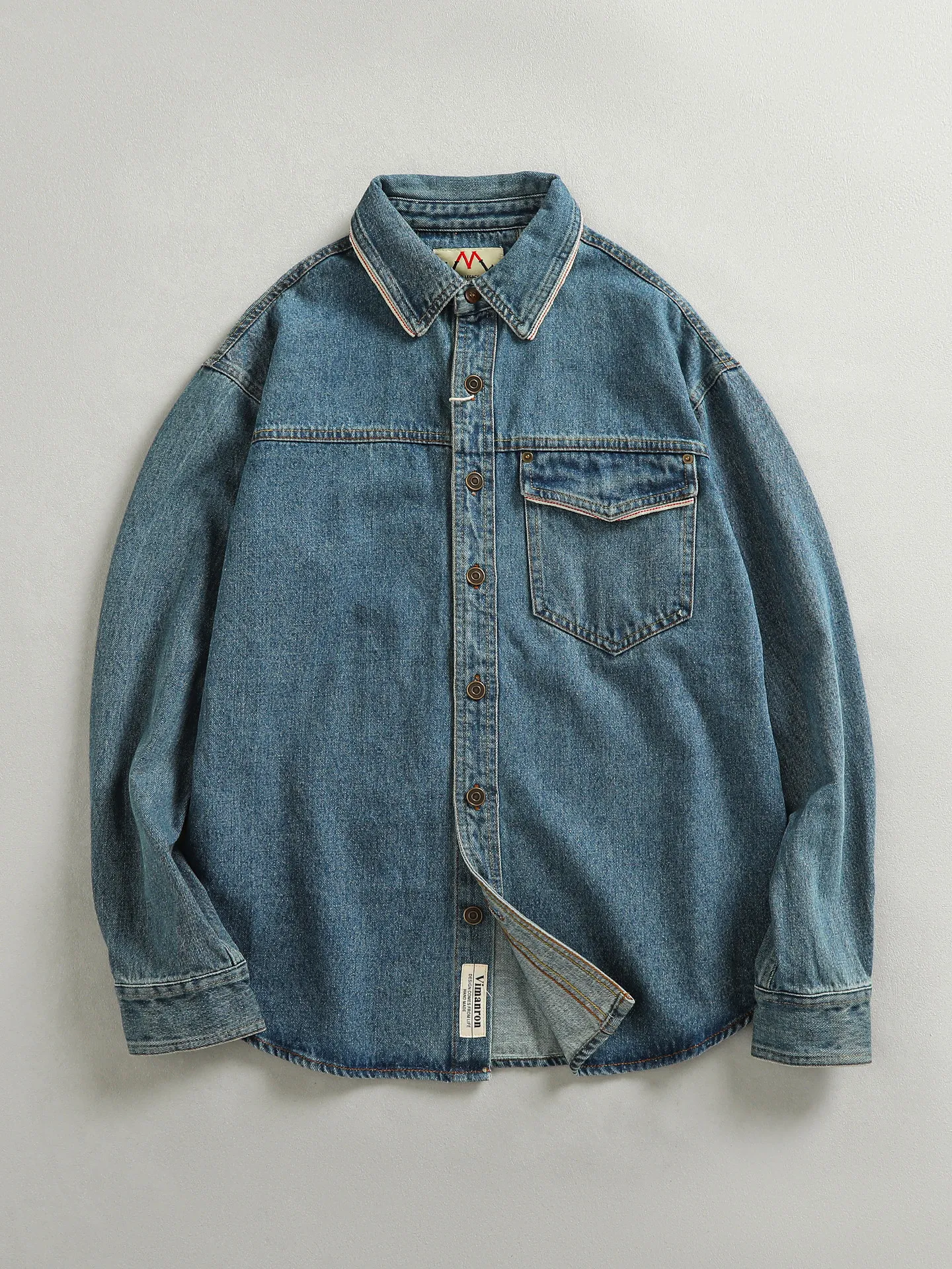 2026 Spring New Japanese Vintage Heavyweight Turn-down Collar Washed Denim Shirt Men's 100% Cotton Single-row Buckle Casual Coat