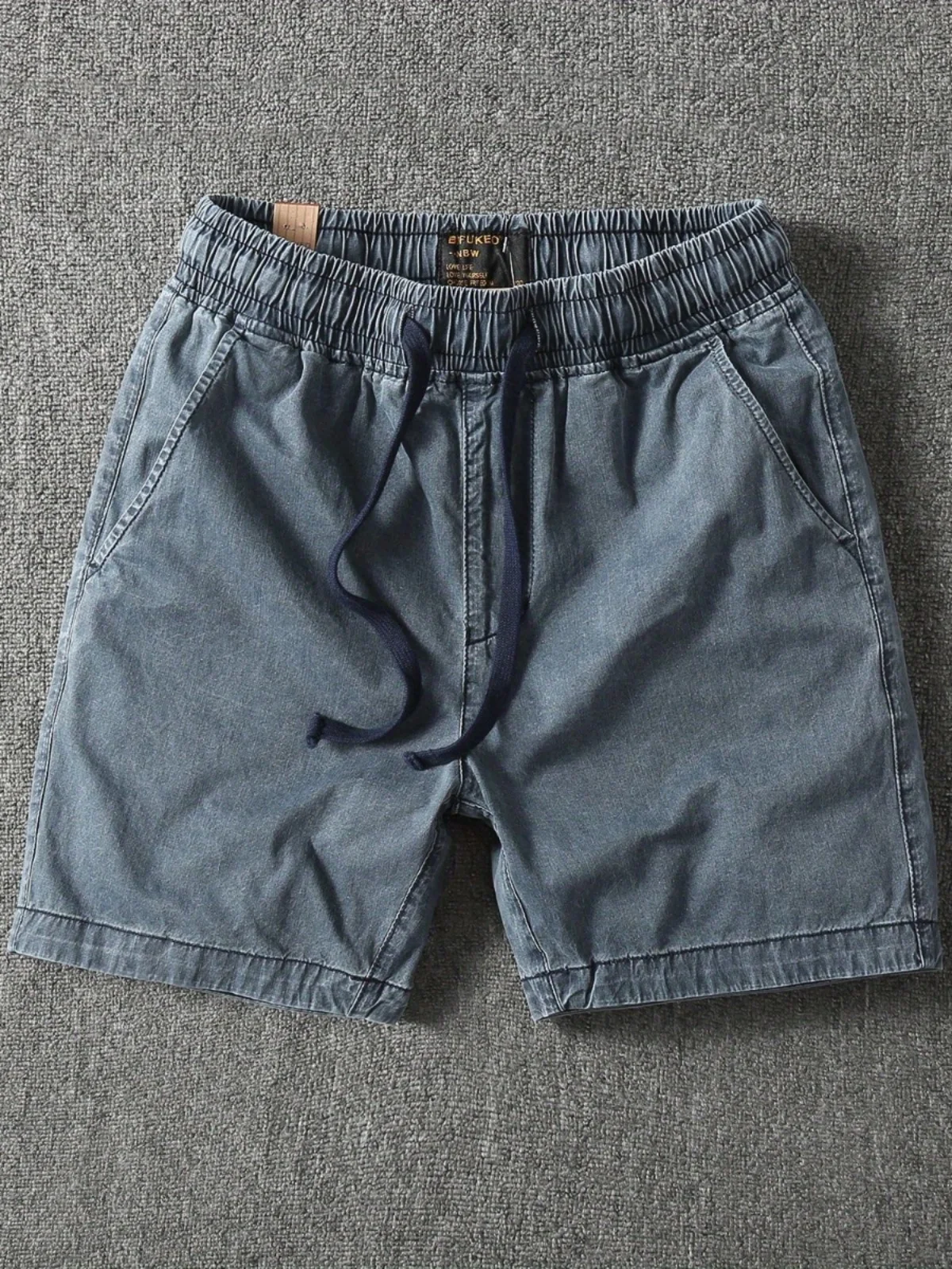 

Summer Slim Fit Casual Vintage Washed Pure Cotton Three-quarter Length Shorts Men's Elastic Waist Knee- Blue Grey Shorts
